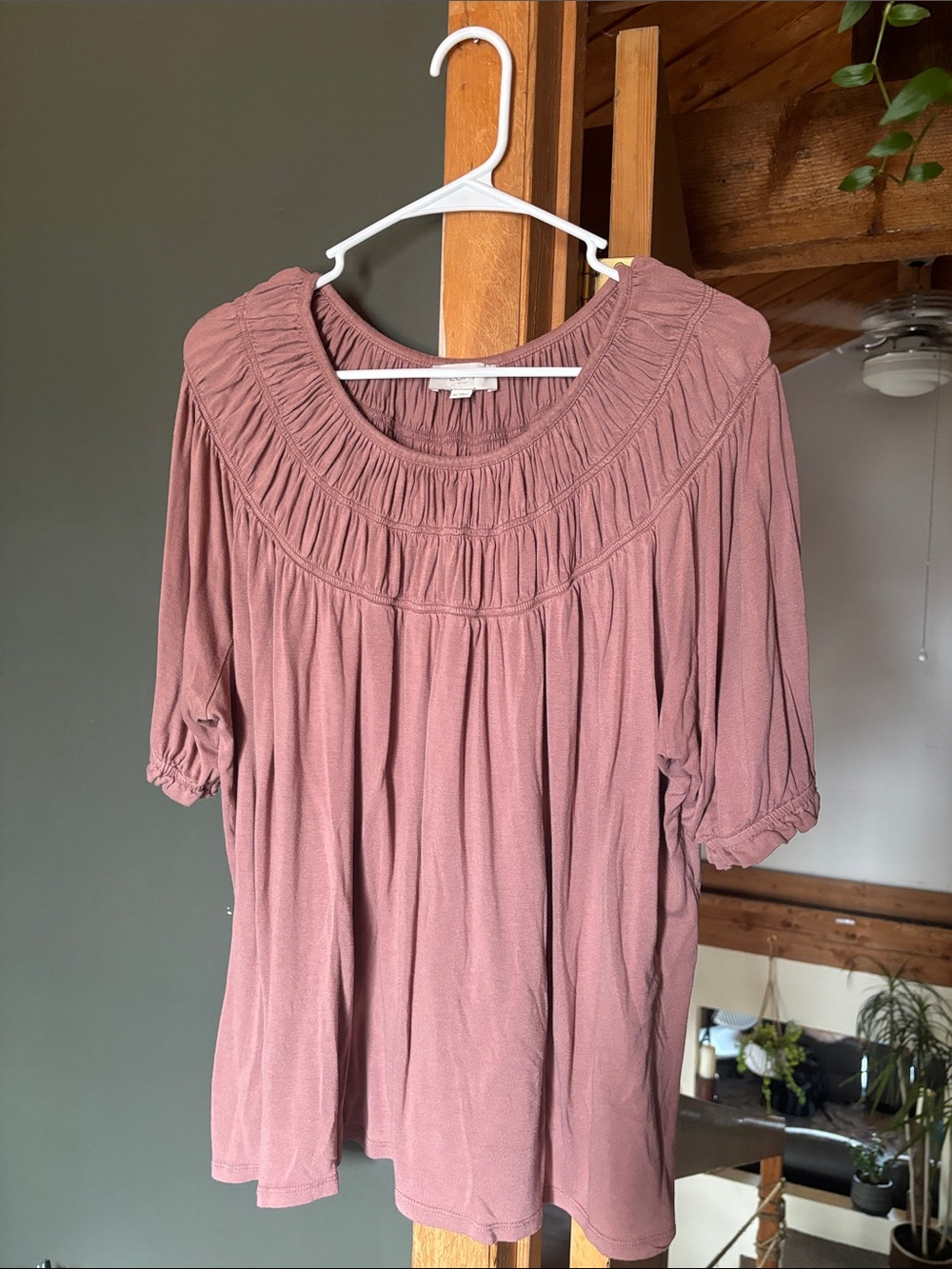 LOFT Dusty Rose Smocked Yoke Short Sleeve Top